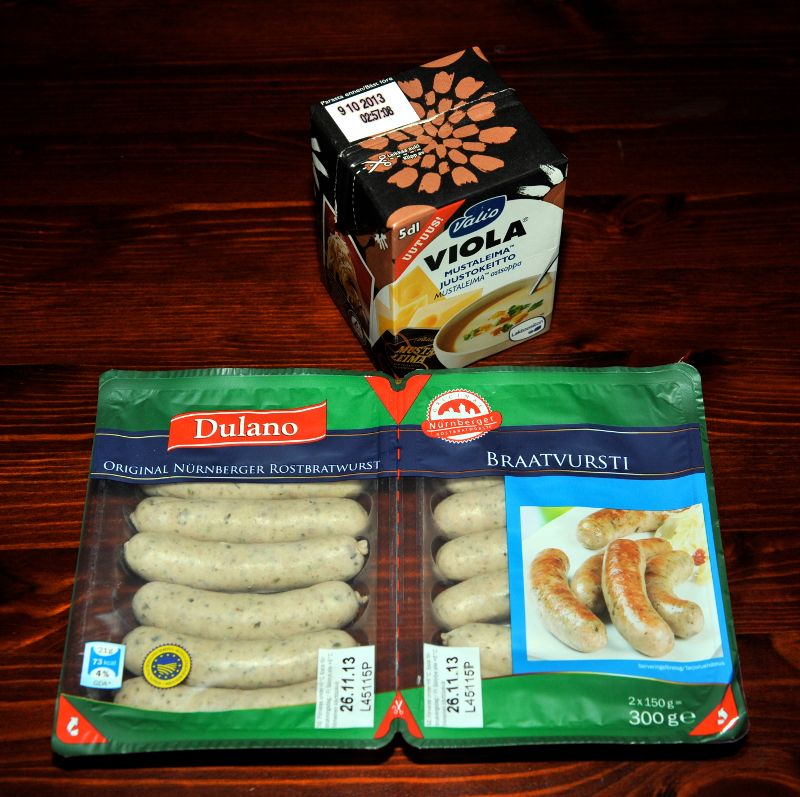 Braatvurstipaketti ja valmiskeittopakkaus.
