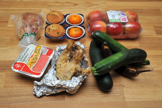 Lattialla kesäkurpitsoita, banaani, broilerinkoipia, lihamakaronilaatikkopaketti, kaksi pullaa, kaksi muffinia, kaksi klementiiniä ja sikspäkki omenoita.