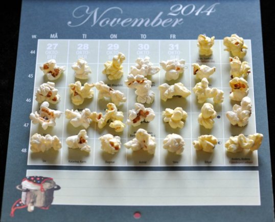 Ruotsinkielisen kalenterin kuukauden 11/2014 päivien päällä paahdettuja maissinjyviä.