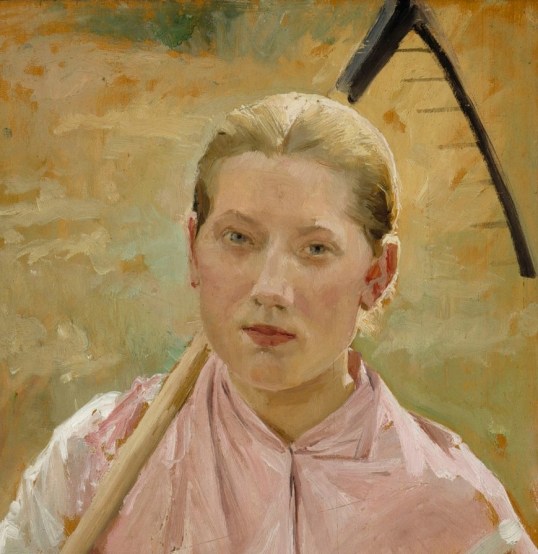 Tyttö olallaan harava.