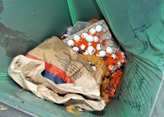 Vihreällä biojätepussilla vuoratussa roska-astiassa paperisäkki, kasvissosetta, raasteita sekä kananmunia kennoineen.