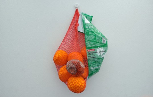 Oransseja appelsiineja ja yksi homeinen appelsiini vaalealle seinälle ripustetussa verkkopussissa.