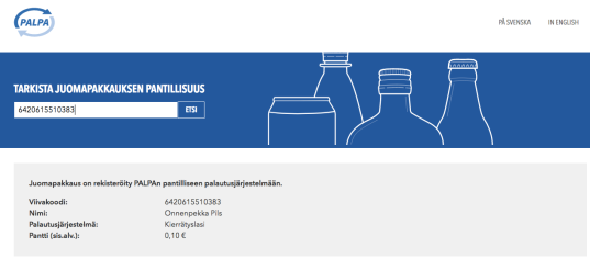 Tarkista juomapakkauksen pantillisuus -työkaluun syötettynä viivakoodi 6420615510383. Vastauksena Onnenpekka Pils, kierrätyslasi, 0,10 €.
