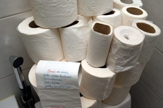 Vessapaperirullia pinossa wc-istuimen päällä käsisuihkun vieressä.