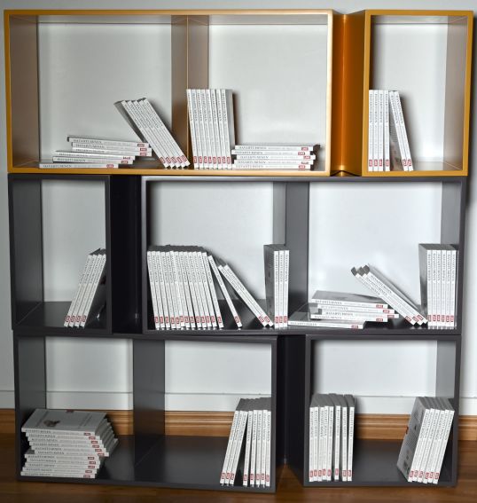 Sata Havahtuminen-kirjaa Ligne Roset’n harmaissa ja sinapinkeltaisessa Cuts-kirjahyllyissä.