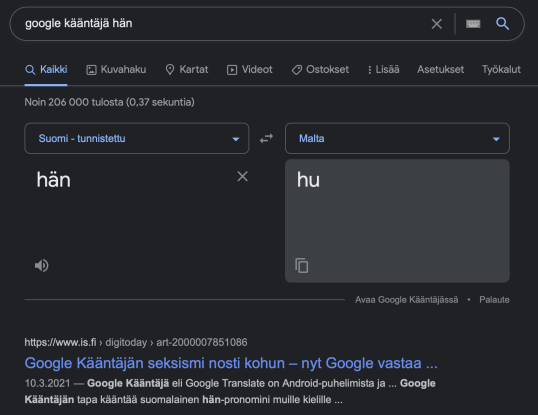 Googlen hakusanoina ”google kääntäjä hän”. Hakutuloksena ”hän” käännettynä maltaksi.